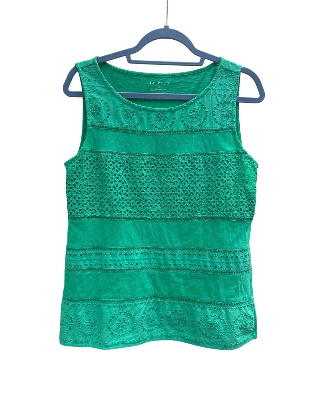 Talbots Green Sleeveless Cotton Tank with Eyelet Embroidery Details